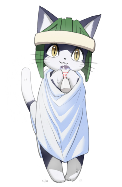 anthro armor beverage biped headgear helmet holding_object male simple_background solo standing towel wet white_background unknown_artist .hack cyberconnect2 hermit_(.hack) domestic_cat felid feline felis mammal