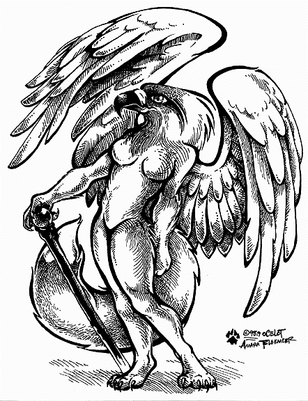 anthro beak dipstick_tail female markings pose solo staff tail tail_markings wings amara_telgemeier mythology avian canid canine fox gryphon hybrid mammal mythological_avian mythological_creature 1998 monochrome pinup traditional_media_(artwork)