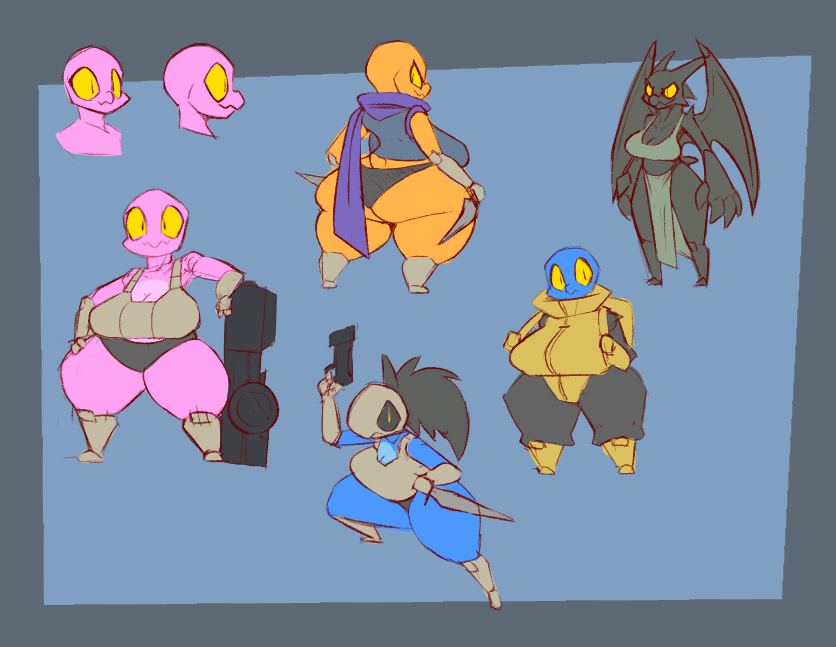 anthro armor big_breasts big_butt black_body black_hair black_scales blue_body blue_scales bottom_heavy breastplate breasts butt dagger female group gun hair handgun horn huge_breasts huge_butt huge_hips huge_thighs hyper hyper_butt melee_weapon membrane_(anatomy) membranous_wings orange_body orange_scales pink_body pink_scales pistol pose ranged_weapon rear_view rifle scales short_stack thick_thighs weapon wide_hips wings yellow_sclera plaga brittle_(plaga) gravelin hybrid lizard reptile scalie turtle 2023 digital_media_(artwork) model_sheet pinup