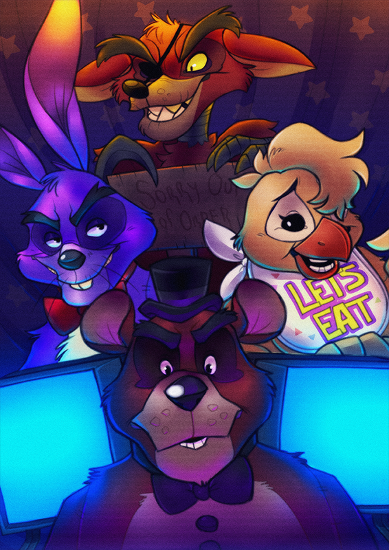 anthro female group machine male ladynoface96 five_nights_at_freddy's scottgames bonnie_(fnaf) chica_(fnaf) foxy_(fnaf) freddy_(fnaf) animatronic avian bear bird canid canine chicken fox galliform gallus_(genus) lagomorph leporid mammal phasianid rabbit robot digital_media_(artwork)