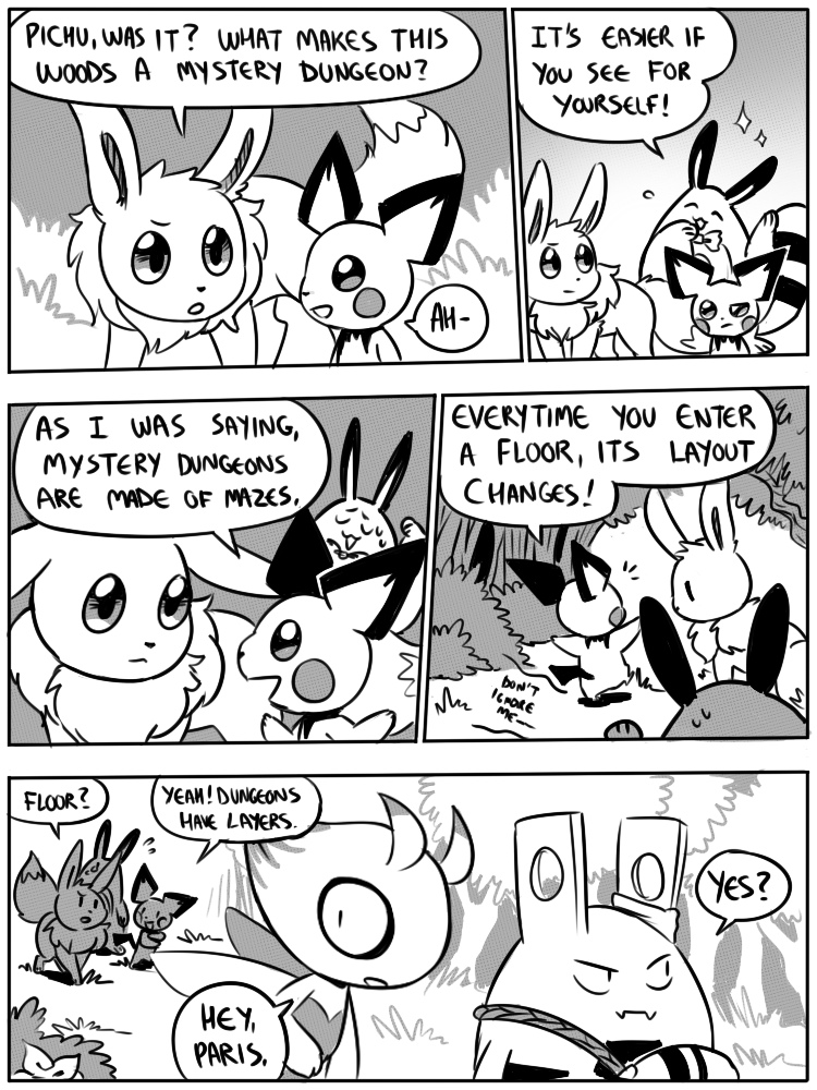 5_panel_comic ambiguous_gender answer antennae_(anatomy) anthro biped black_eyes black_nose black_text bodily_fluids branch cheek_spots dialogue exclamation_point eyebrows eyes_closed feral fluffy fluffy_tail fur grass group looking_at_another mouth_closed name_drop name_in_dialogue neck_tuft open_mouth outside plant pupils quadruped question question_mark shrub sparkles species_in_dialogue speech_bubble sweat sweatdrop tail talking_to_another text tree tuft walking white_sclera wings flavia-elric nintendo pokemon pokemon_mystery_dungeon spike_chunsoft celebi_(yapc) lux_(yapc) neil_(yapc) paris_(yapc) terry_(yapc) celebi eevee elekid generation_1_pokemon generation_2_pokemon legendary_pokemon pichu pokemon_(species) sentret 2019 3:4 comic digital_media_(artwork) english_text greyscale monochrome