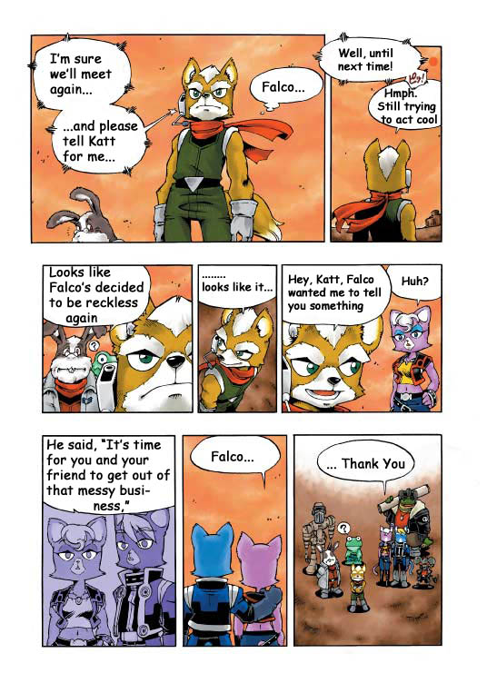 anthro clothing dialogue female group machine male text shigehisa_nakaue nintendo star_fox cool_(star_fox) fox_mccloud katt_monroe peppy_hare rob_64 slippy_toad amphibian canid canine felid fox frog lagomorph leporid mammal rabbit robot 2002 comic english_text official_art