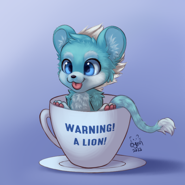 anthro blue_background blue_eyes container cup hair looking_forward male saucer simple_background solo text tongue tongue_out white_hair young young_anthro young_male oyenorangecat felid lion mammal pantherine 1:1 2023 english_text