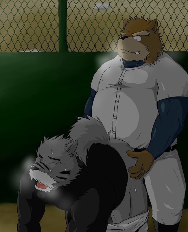 anthro ass_up baseball_(sport) baseball_uniform black_nose bodily_fluids bottomwear bottomwear_down brown_body brown_fur butt clothed clothing duo eyes_closed from_behind_position fucked_silly fur grey_body grey_fur humanoid_hands kemono looking_pleasured male male/male moan obscured_penetration obscured_sex open_mouth outside overweight overweight_male pants pants_down partially_clothed penetration raised_tail sex shirt sport sportswear standing standing_sex sweat tail tongue topwear uniform hasukichi uniformshark bear canid canine canis mammal wolf