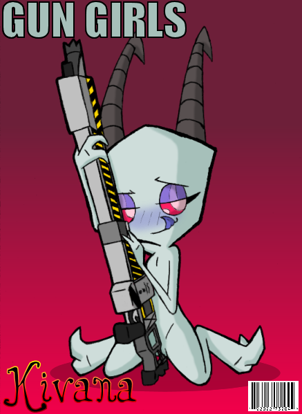 blush claws earless female grey_body gun holding_gun holding_object holding_ranged_weapon holding_weapon horn kivana looking_at_viewer not_furry nude pink_eyes pose ranged_weapon solo style_emulation teasing tongue toony weapon young zoe-chan invader_zim nickelodeon alien alien_humanoid humanoid hybrid irken vortian pinup