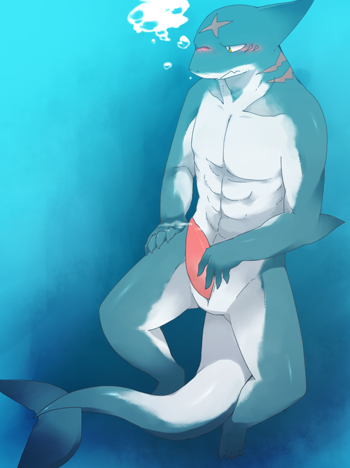 abs animal_genitalia anthro blush bodily_fluids bubble erection fin genital_fluids genital_slit genitals leaking male muscular muscular_anthro muscular_male nude penis precum simple_background solo underwater water tukae_nai fish marine shark