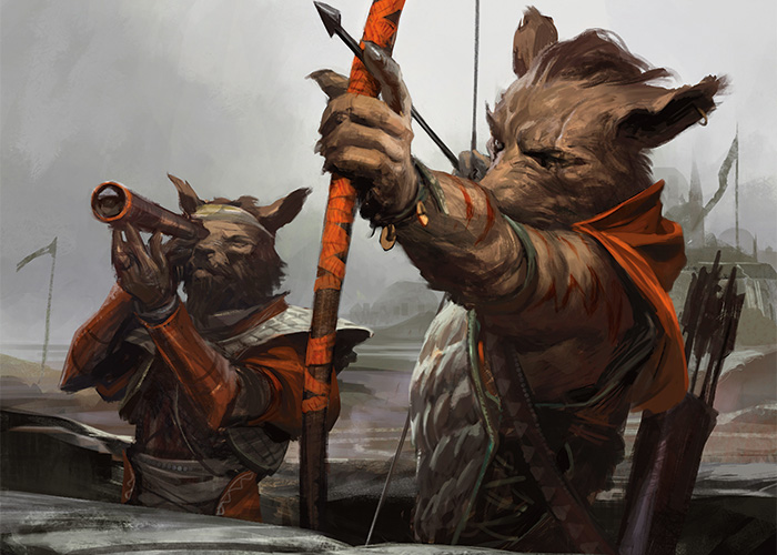 abzan accessory aiming anthro archer armor arrow_(weapon) banner bodypaint bow_(weapon) bracelet bracers brown_body brown_fur cocked_bow duo ear_piercing flag flag_(object) flagpole fur gabardine grey_sky headband holding_bow_(weapon) holding_object holding_ranged_weapon holding_weapon jewelry male piercing quiver_(object) ranged_weapon rock sash scar scope sky telescope weapon wraps wesley_burt hasbro magic:_the_gathering wizards_of_the_coast ainok canid canine canis domestic_dog mammal official_art shaded soft_shading