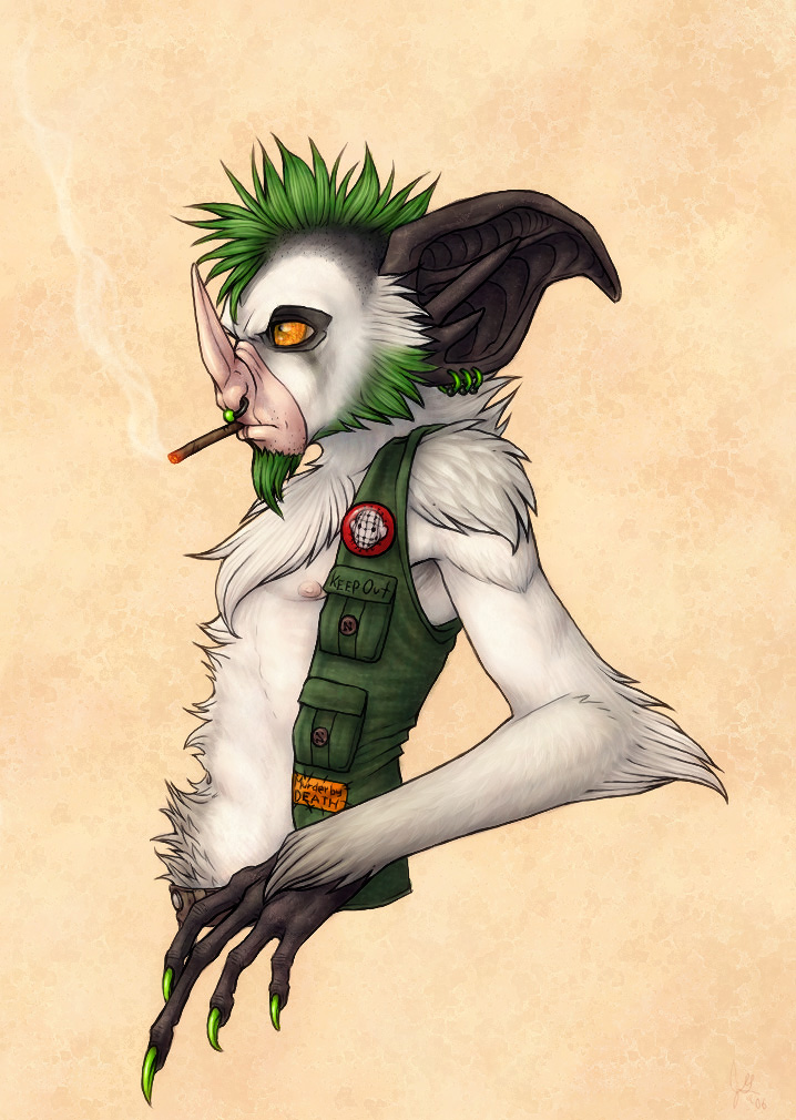 alternative_fashion anthro badge beard cigarillo claws clothed clothing detailed_ear ear_piercing facial_hair facial_piercing fur glamfur green_hair hair male mohawk nipples nose_piercing piercing punk short_hair side_view smoke smoking solo topwear tragus vest white_body white_fur psychodjinn fred aye-aye bat hybrid lemur mammal primate strepsirrhine half-length_portrait portrait