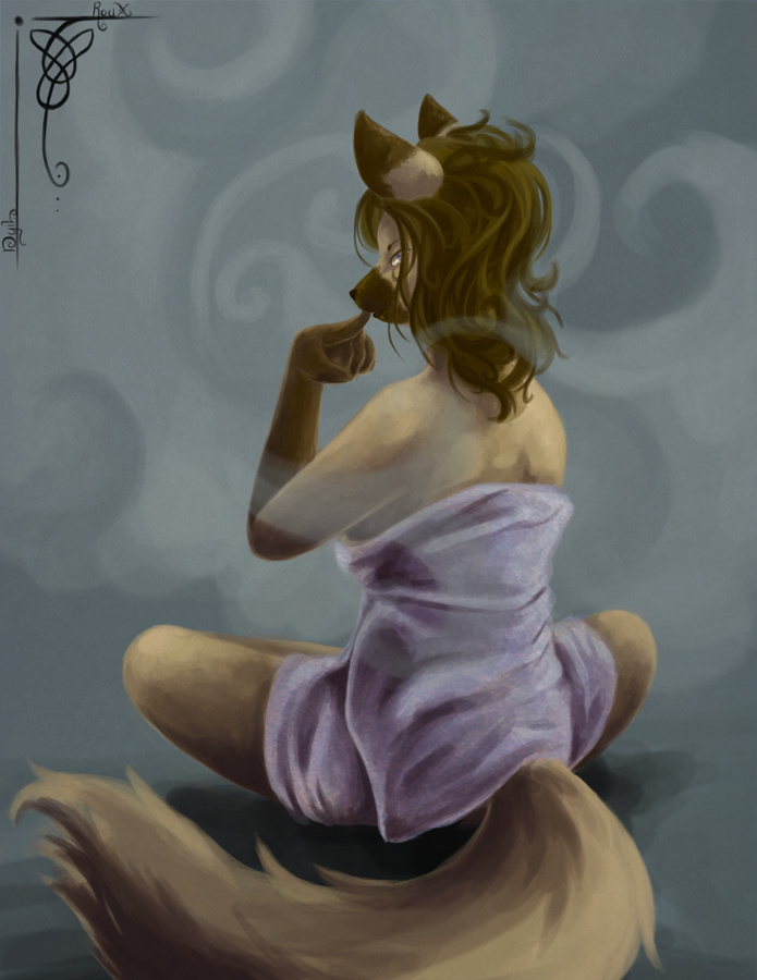 anthro biped brown_hair clothing female hair pink_clothing simple_background sitting solo tail nyil roux canid canine canis mammal wolf