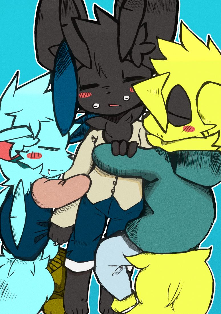 ambiguous_gender anthro black_body black_fur blue_background blue_body blue_bottomwear blue_clothing blue_fur blue_pants blush bodily_fluids bottomwear brown_clothing clothing eyes_closed fluffy fluffy_tail fur grey_bottomwear grey_clothing grey_pants group holding_arm hoodie hug inner_ear_fluff kemono neck_tuft no_shading pants partially_open_mouth simple_background sleeping tail teal_clothing teal_hoodie teal_topwear topwear trio tuft yellow_body yellow_fur young dinogaize aru_(dinogaize) lucas_(dinogaize) mighty_(dinogaize) 2016