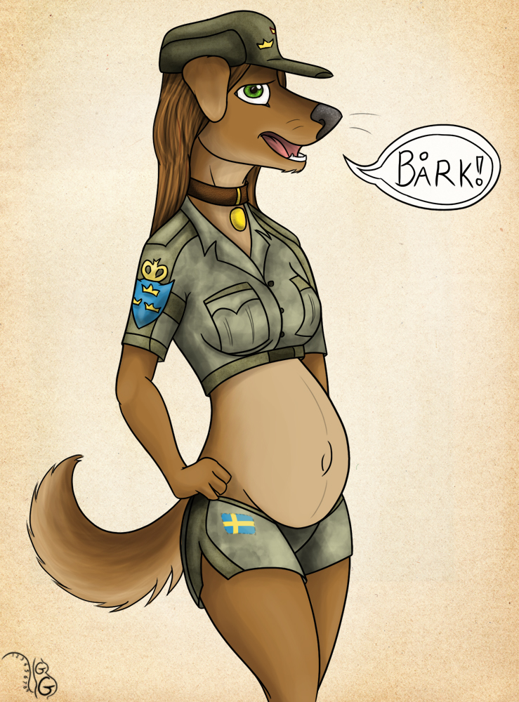 anthro belly big_belly breasts clothing collar dialogue female hat headgear headwear looking_at_viewer navel pregnant pregnant_anthro pregnant_female solo speech_bubble text uniform geckoguy123456789 kraken_(artist) canid canine canis domestic_dog mammal swedish_text