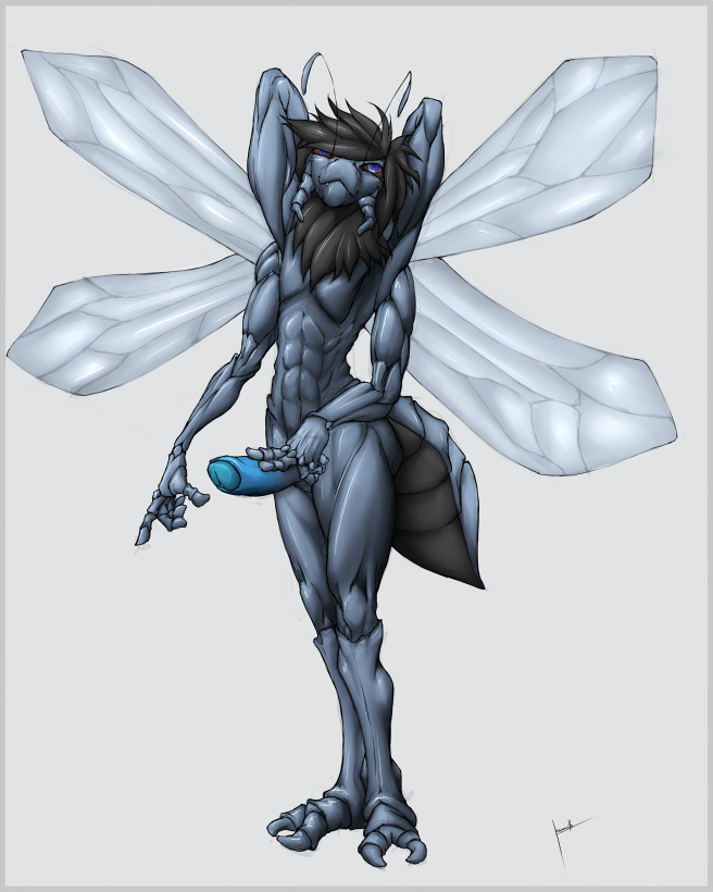 4_arms antennae_(anatomy) anthro arthropod_abdomen biped blue_eyes blue_penis erection foreskin genitals hair humanoid_genitalia humanoid_penis insect_wings looking_at_viewer male mandibles multi_arm multi_limb nude partially_retracted_foreskin penis pose smile solo standing wings krinkels sal arthropod fly_(animal) insect silver_stiletto_fly stiletto_fly 2016 4:5 digital_media_(artwork) signature