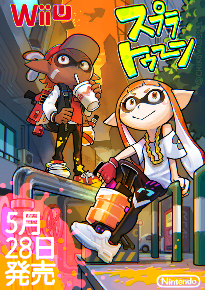 .52_gal backpack beverage blaster_(splatoon) city clothing dark_body dark_skin duo female footwear gun hair hat headgear headwear holding_gun holding_object holding_ranged_weapon holding_weapon inkopolis jewelry long_hair male mask messy necklace orange_eyes orange_hair pseudo_hair ranged_weapon rapid_blaster smile soda suction_cup tentacle_hair tentacles toxic_mist_(splatoon) weapon kiharatotsunori mario_bros nintendo splatoon inkling_girl animal_humanoid blooper cephalopod cephalopod_humanoid humanoid inkling marine marine_humanoid mollusk mollusk_humanoid hi_res