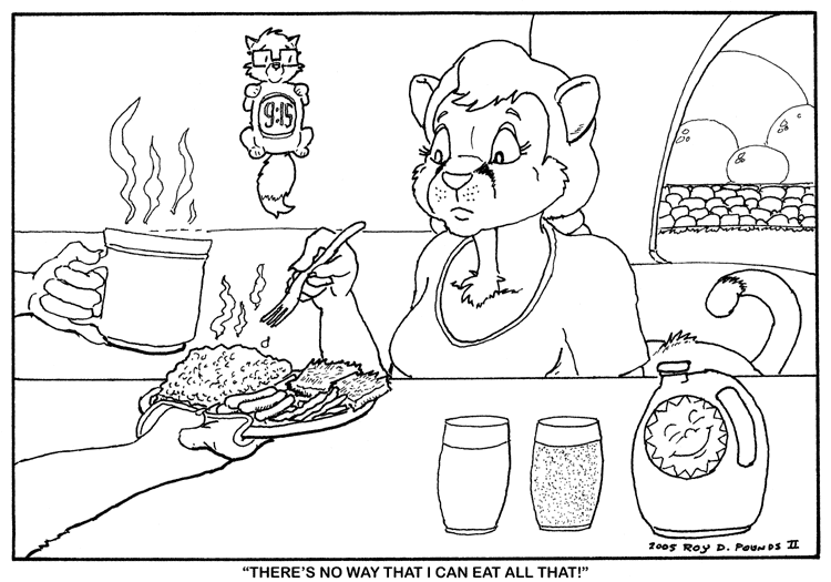 breasts clothed clothing cutlery duo female food fork hair kitchen_utensils text tools steamfox chakona_space goldendale chakat cougar felid felid_taur feline mammal mammal_taur taur english_text monochrome herm_(lore)