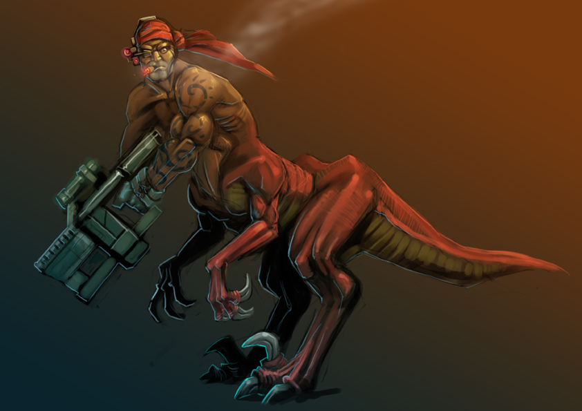 biped bipedal_taur cigar clothing gun kerchief male ranged_weapon smoke smoking solo tail tattoo weapon what what_has_science_done chris_phillips dinosaur dinosaur_taur humanoid_taur prehistoric_species reptile reptile_taur scalie scalie_taur taur theropod theropod_taur