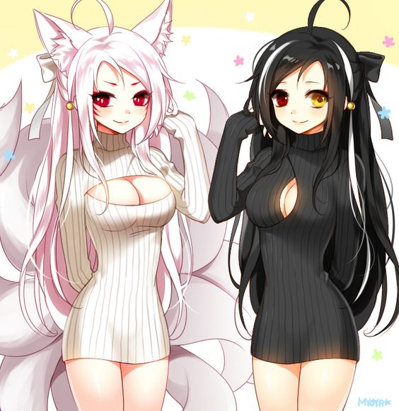 breasts cleavage cleavage_cutout clothed clothing cutout duo female keyhole_turtleneck red_eyes sweater topwear turtleneck yellow_eyes myoya elsword ara_haan