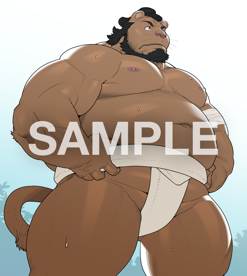 anthro belly bodily_fluids brown_body brown_fur fur humanoid_hands kemono male moobs nipples overweight overweight_anthro overweight_male sample solo sumo sweat kira_nerisu felid lion mammal pantherine 2020 distracting_watermark watermark