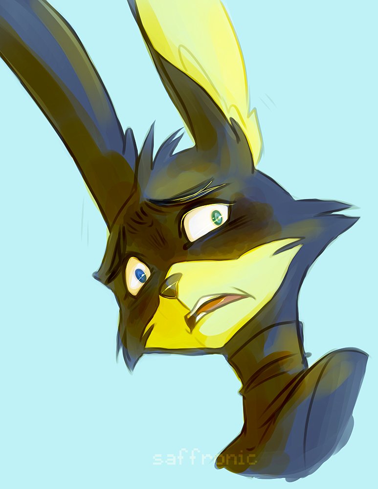 anthro black_body black_fur black_nose blue_eyes clothed clothing fur male open_mouth scared simple_background solo teeth tongue topwear wide_eyed yellow_body yellow_fur saffronic loonatics_unleashed looney_tunes warner_brothers ace_bunny lagomorph leporid mammal rabbit 2019 bust_portrait portrait shaded