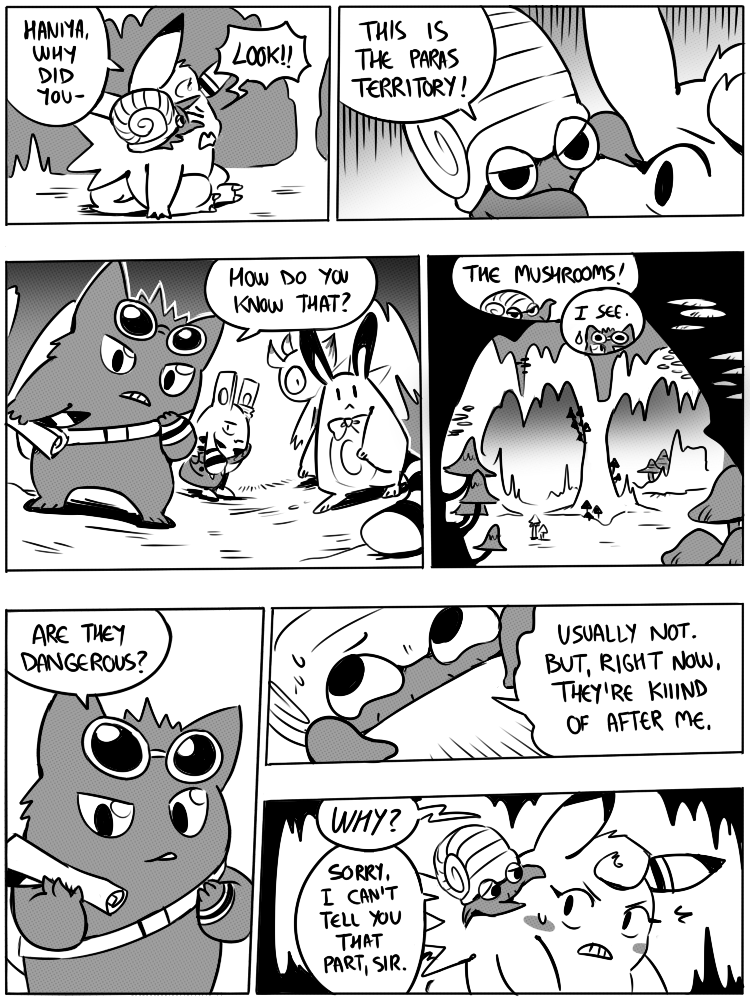 7_panel_comic ambiguous_gender antennae_(anatomy) anthro bag biped black_eyes black_text bodily_fluids bow_ribbon cave cheek_spots clenched_teeth dialogue exclamation_point eyebrows eyelashes eyes_closed feral fungus fur group hair looking_at_another loose_feather map mushroom name_drop name_in_dialogue on_ground open_mouth pointy_speech_bubble question_mark quill shell sitting size_difference speech_bubble standing sweat sweatdrop tail talking_to_another teeth text white_sclera wings flavia-elric nintendo pokemon pokemon_mystery_dungeon spike_chunsoft celebi_(yapc) erik_(yapc) haniya_(yapc) paris_(yapc) silvia_(yapc) terry_(yapc) celebi clefable elekid fossil_pokemon generation_1_pokemon generation_2_pokemon gengar legendary_pokemon omanyte pokemon_(species) sentret 2020 3:4 comic digital_media_(artwork) english_text greyscale monochrome