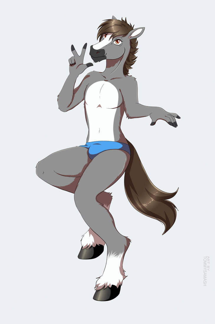 anthro belly blaze_(marking) blue_clothing blue_underwear briefs brown_eyes brown_hair bulge clothing facial_markings fur grey_body grey_fur hair head_markings hooves leg_markings male markings mostly_nude simple_background socks_(marking) solo underwear white_belly white_markings tommysamash dallas_prairiewind equid equine horse mammal