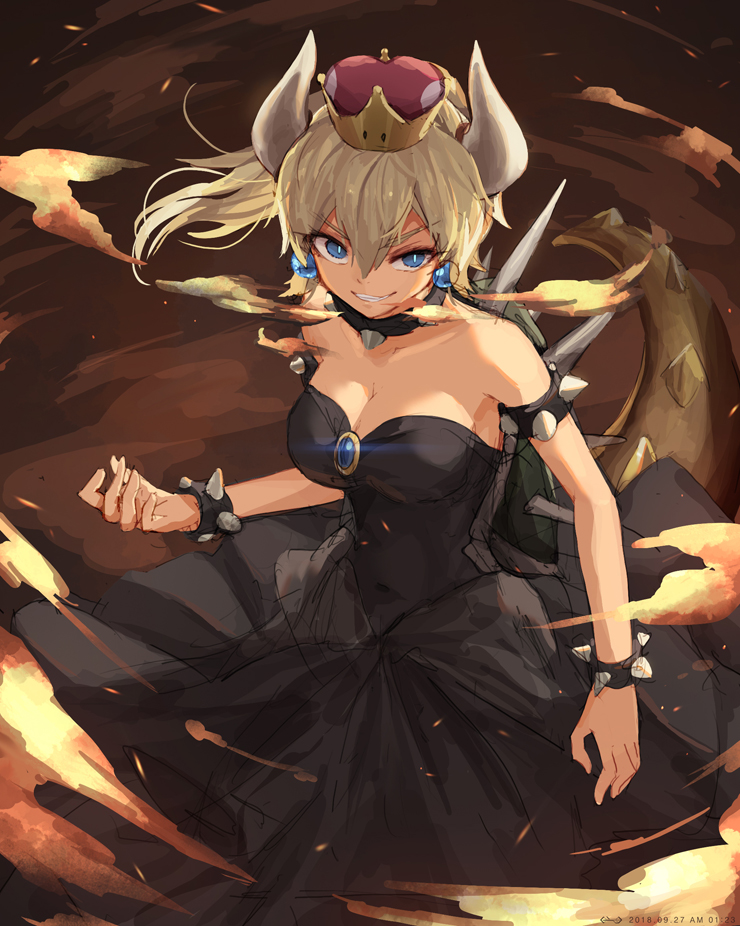 alternate_species ball_gown bare_shoulders blonde_hair blue_eyes breasts clothing crossgender crown dress ear_piercing female fire hair headgear horn humanoidized long_hair piercing smile solo super_crown asicah bowsette_meme mario_bros nintendo bowser animal_humanoid humanoid koopa scalie 2018 meme