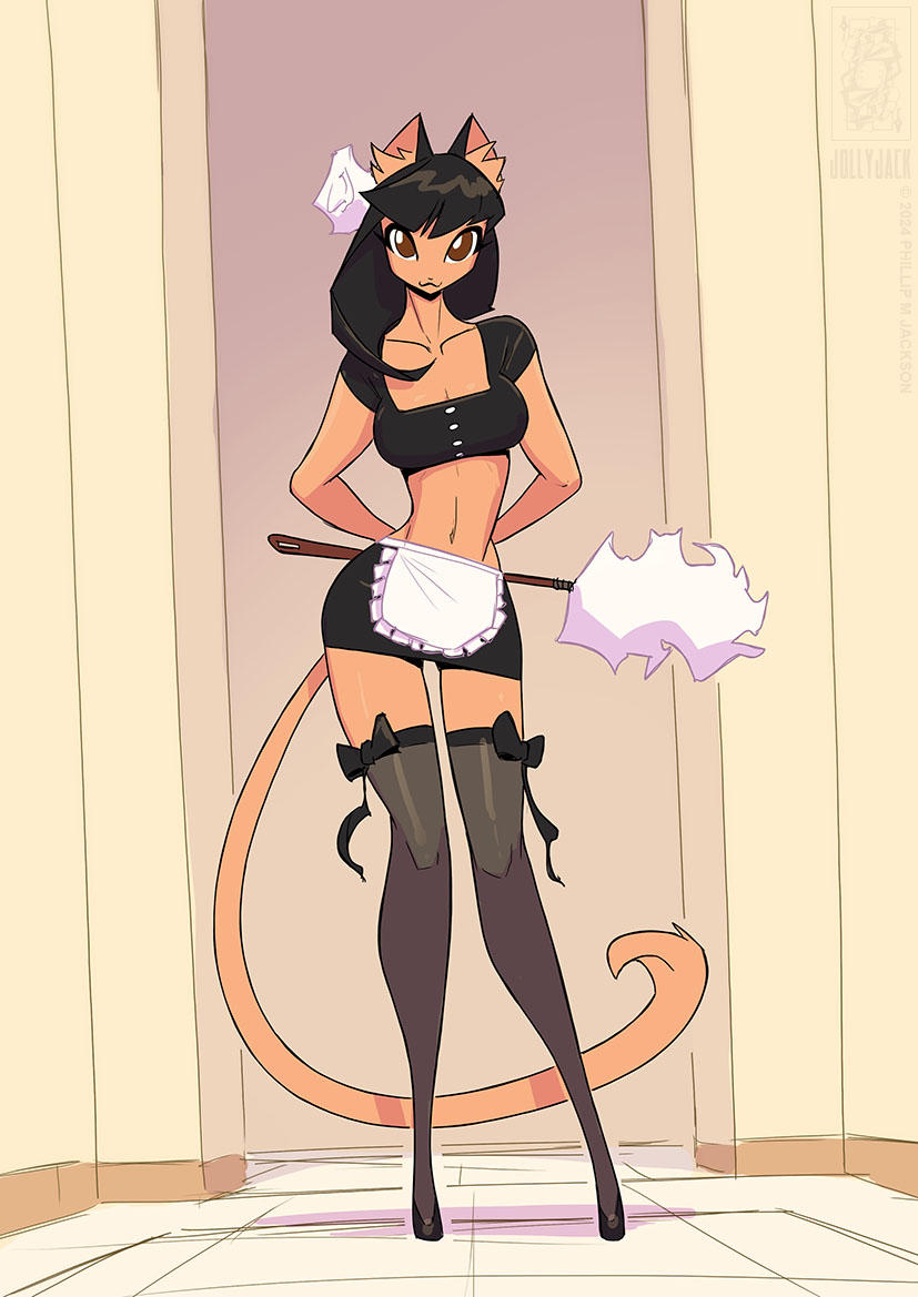 anthro apron black_hair brown_eyes cleaning_tool clothing crop_top doorway feather_duster female footwear hair inner_ear_fluff inside legwear looking_at_viewer maid_uniform midriff shirt socks solo tan_body thigh_highs thigh_socks topwear tuft uniform conditional_dnp jollyjack domestic_cat felid feline felis mammal 2024