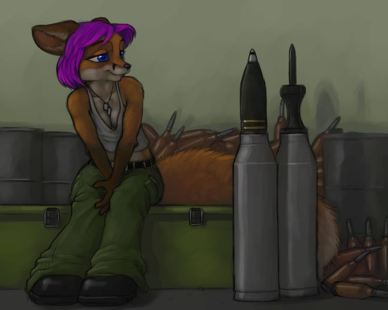 ammo_fetish ammunition anthro aspiration big_toys blue_eyes breasts cleavage clothed clothing dog_tags female hair it'll_never_fit military purple_hair seductive shell_(projectile) smile solo tail unprofessional_behavior ipoke geena_gonorah canid canine fox mammal 5:4 lol_comments