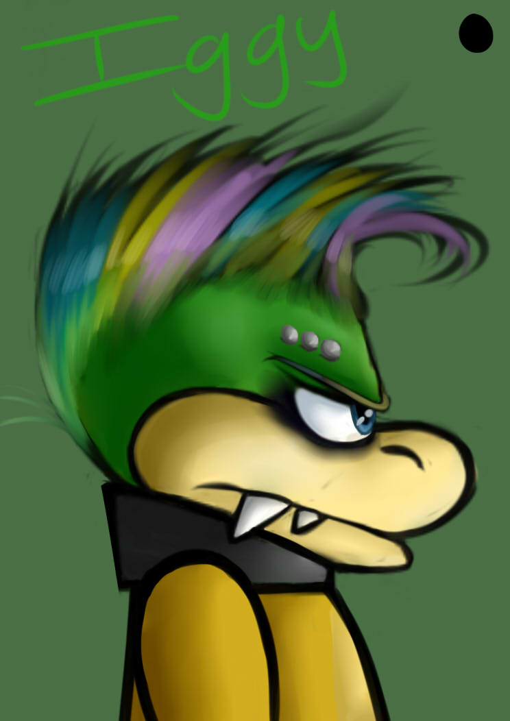 blue_eyes eyebrow_piercing eyebrows facial_markings facial_piercing green_background green_body hair head_markings markings mohawk multicolored_hair muzzle_(marking) neckwear piercing sharp_teeth side_view simple_background snout snout_markings teeth yellow_body renee-moonveil mario_bros nintendo iggy_koopa koopaling koopa scalie 2015 bust_portrait portrait