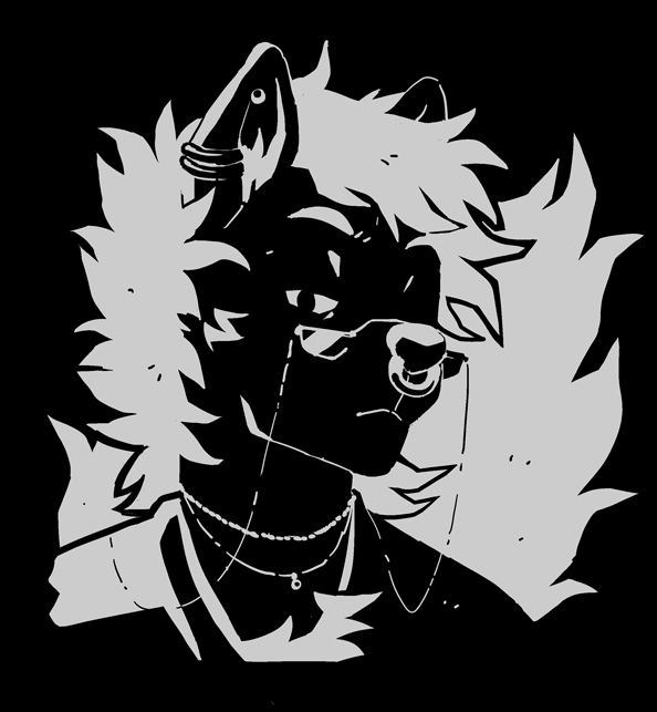 anthro chest_tuft clothing ear_piercing ear_ring eyebrows eyewear facial_piercing glasses hair jewelry male necklace nose_piercing nose_ring piercing raised_eyebrow ring_piercing robe smile smirk smug_face solo tuft white_hair artdecade gerrark hyena mammal black_and_white monochrome