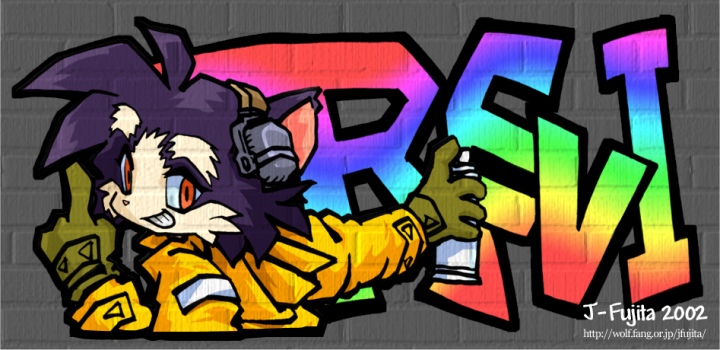 anthro clothing electronics female fur gloves graffiti handwear headphones jacket orange_eyes paint purple_body purple_fur smile solo spray_paint text topwear j-fujita revi_(j-fujita) domestic_cat felid feline felis mammal 2002 digital_media_(artwork) signature url