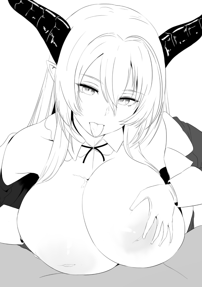 big_breasts bodily_fluids breast_play breasts drooling duo female holding_breast horn huge_breasts inverted_nipples male male/female nipples not_furry saliva sex solo_focus titfuck tongue tongue_out nao_(artist) cygames shadowverse horned_humanoid humanoid digital_media_(artwork) hi_res monochrome