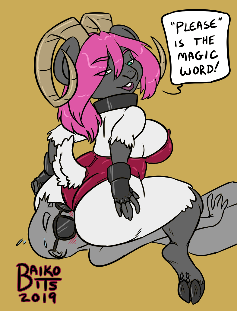 big_breasts big_butt black_hooves blush breasts butt clothed clothing collar curvy_figure duo facesitting female fur green_eyes hair hooves horn huge_breasts pink_hair simple_background sitting_on_another smile voluptuous wide_hips baikobits baiko bovid caprine mammal sheep 2019