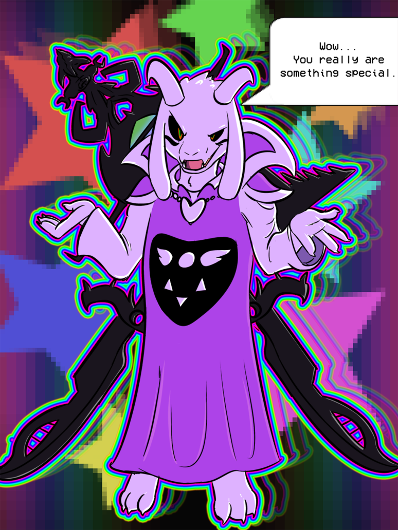 anthro black_sclera clothed clothing fur long_ears male open_mouth paws rainbow solo text white_body white_fur wings kyrie_eleison undertale undertale_(series) asriel_dreemurr_(god_form) boss_monster_(undertale) bovid caprine goat mammal 2015 3:4