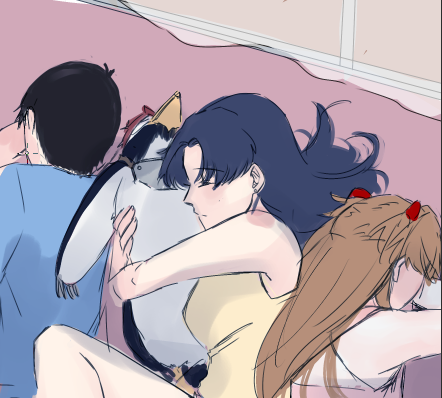 breasts eyes_closed female group hair hug male purple_hair sleeping mokmo17 neon_genesis_evangelion asuka_langley_soryu misato_katsuragi pen_pen_(evangelion) shinji_ikari avian bird human mammal penguin low_res