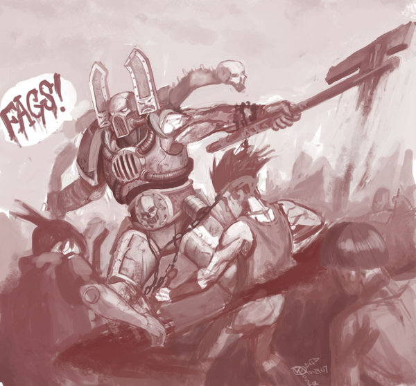 adeptus_astartes armor axe battle_axe berserker blood bodily_fluids chaos_space_marine chaos_star death dialogue group homophobia homophobic_slur human_only machine male ninja not_furry power_armor space_marine symbol text warrior unknown_artist naruto warhammer_(franchise) warhammer_40000 kharn_the_betrayer khorne_berzerker world_eaters human mammal 2007 crossover english_text monochrome red_theme