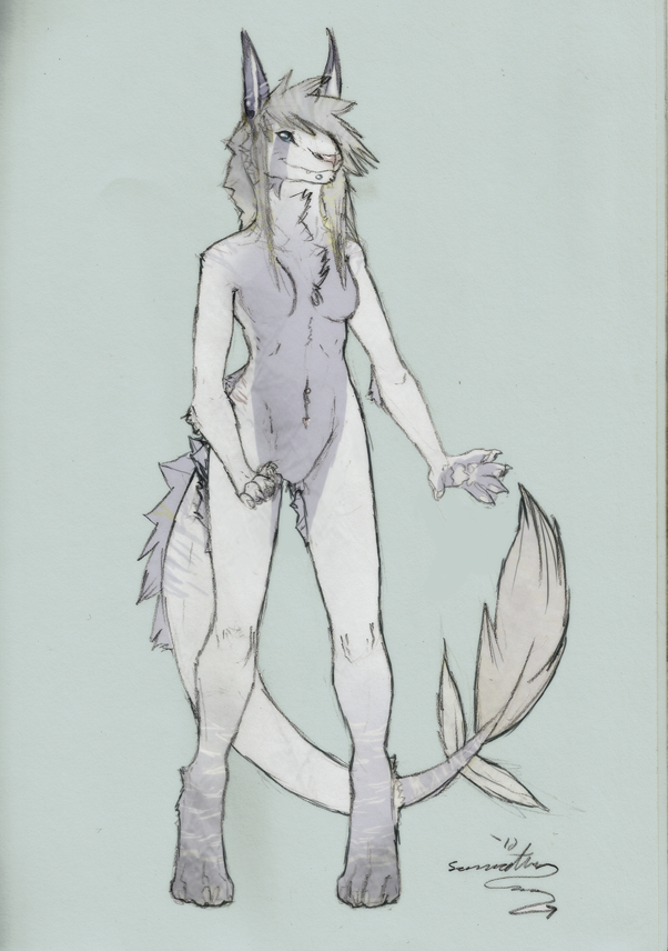 anthro breasts digitigrade featureless_breasts featureless_crotch female fur grey_body grey_fur hair long_hair mouth_piercing nude simple_background solo standing tail tail_tuft tuft iluq mythology lilana_rose canid canine dragon fox furred_dragon furred_scalie mammal mythological_creature mythological_scalie scalie 2012 signature traditional_media_(artwork)