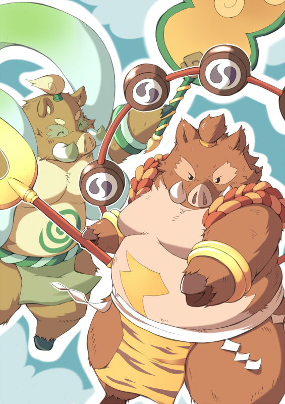 anthro asian_clothing belly brown_body brown_fur clothing duo east_asian_clothing eyes_closed fundoshi fur japanese_clothing male moobs overweight overweight_male underwear ayame42612 asian_mythology east_asian_mythology japanese_mythology mythology fujin_(mythology) raijin_(mythology) mammal suid suine sus_(pig) wild_boar 2012