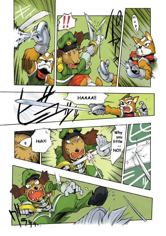 anthro clothing dialogue duo fencing fencing_foil fight male melee_weapon sword text weapon shigehisa_nakaue nintendo star_fox captain_shears fox_mccloud canid canine canis domestic_dog fox mammal 2002 comic english_text japanese_text official_art