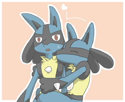 ambiguous_gender anthro black_body black_fur blue_body blue_fur border duo fur heart_symbol hug pink_background simple_background white_border sikai nintendo pokemon generation_4_pokemon lucario pokemon_(species) 2015