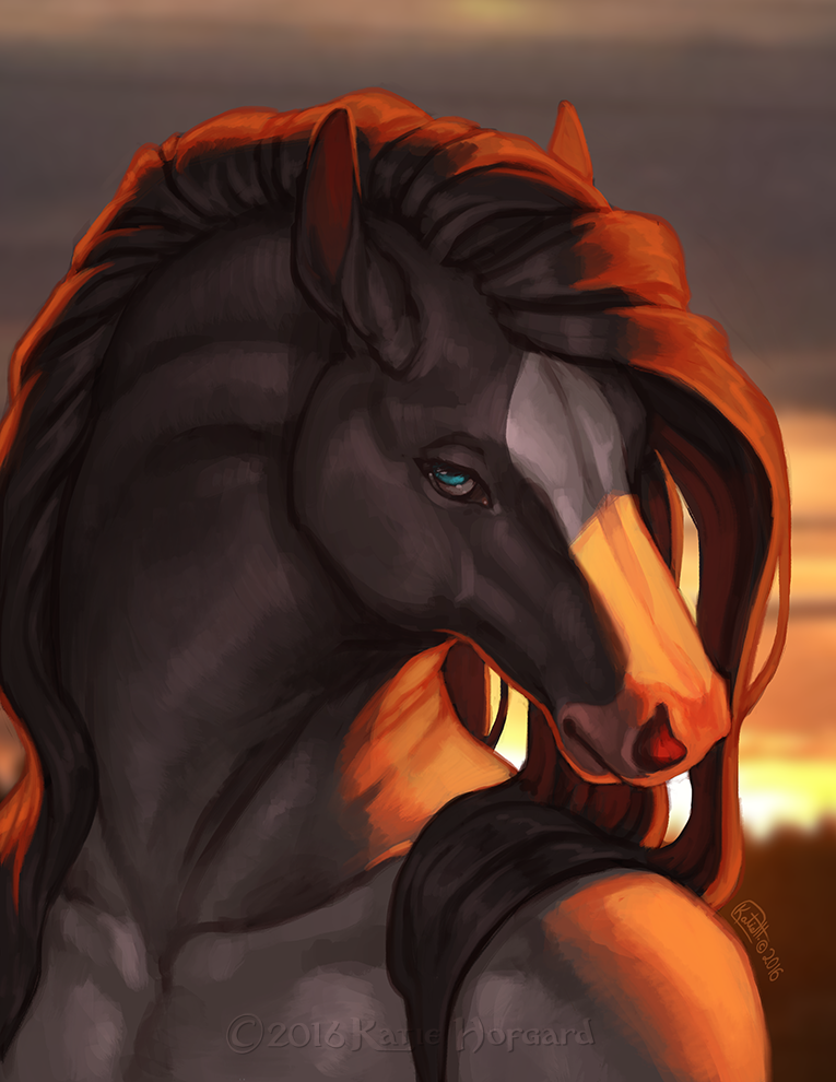 anthro black_body black_mane blue_eyes half-closed_eyes looking_aside looking_at_viewer male mane narrowed_eyes outside simple_background solo sunset katie_hofgard dakota_(dark_stallion) equid equine horse mammal 2016 digital_media_(artwork) headshot_portrait portrait