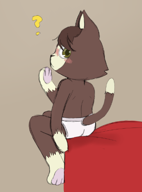 anthro bed bedroom blush blush_lines briefs brown_body brown_ears brown_fur brown_hair brown_tail clothing dipstick_tail fur furniture glistening glistening_eyes gloves_(marking) green_eyes hair leg_markings male markings paws question_mark rear_view sitting socks_(marking) solo tail tail_markings tighty_whities underwear white_body white_briefs white_clothing white_fur white_inner_ear white_tail white_underwear kralex_(artist) undnift kralex domestic_cat felid feline felis mammal