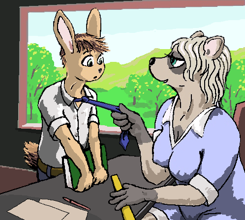 age_difference anthro clothing duo female larger_female male male/female older_female size_difference smaller_male student teacher teacher_and_student young young_anthro younger_male cattivino lagomorph leporid mammal procyonid rabbit raccoon low_res