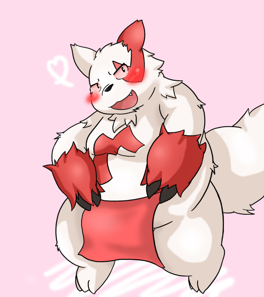 anthro asian_clothing belly big_belly blush clothing east_asian_clothing fundoshi heart_symbol japanese_clothing kemono overweight pink_background red_body red_clothing red_fundoshi red_underwear simple_background solo tail underwear white_body bake_gosut nintendo pokemon generation_3_pokemon pokemon_(species) zangoose 2013