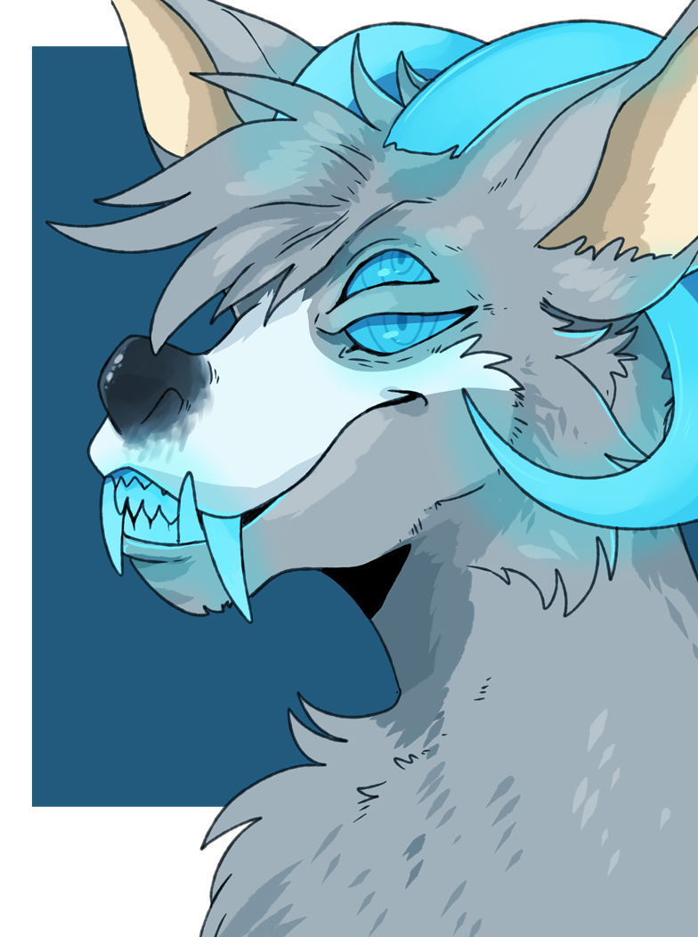 anthro big_fangs blue_background blue_eyes blue_horn blue_teeth cheek_tuft chest_tuft facial_tuft fangs fur grey_body grey_fur grey_hair hair horn looking_at_viewer male multi_eye short_hair side_view simple_background solo teeth tuft imperatorcaesar canid canine mammal alpha_channel bust_portrait portrait