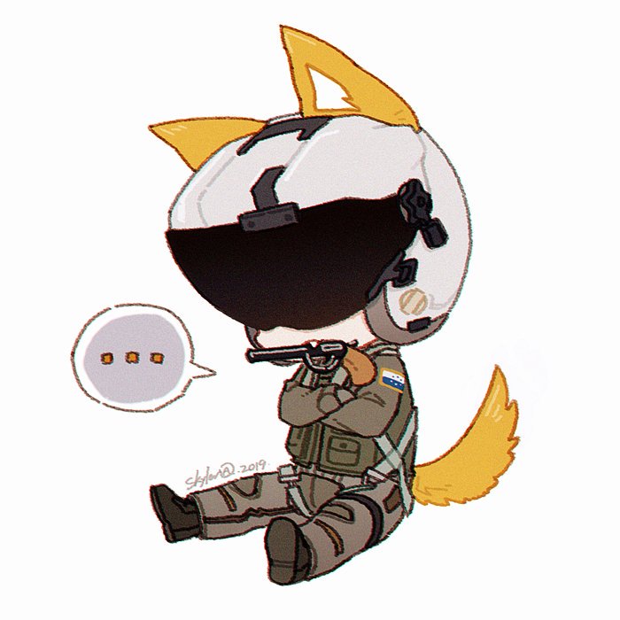 anthro armor boots bottomwear chibi clothing crossed_arms ellipsis flight_helmet flight_suit footwear fur gun gun_in_mouth handgun headgear helmet male object_in_mouth pants pockets ranged_weapon revolver shoes simple_background sitting solo speech_bubble teeth weapon white_background white_inner_ear yellow_body yellow_fur admiral_agito ace_combat ace_combat_7 trigger_(ace_combat_7) canid canine canis mammal 1:1 2019