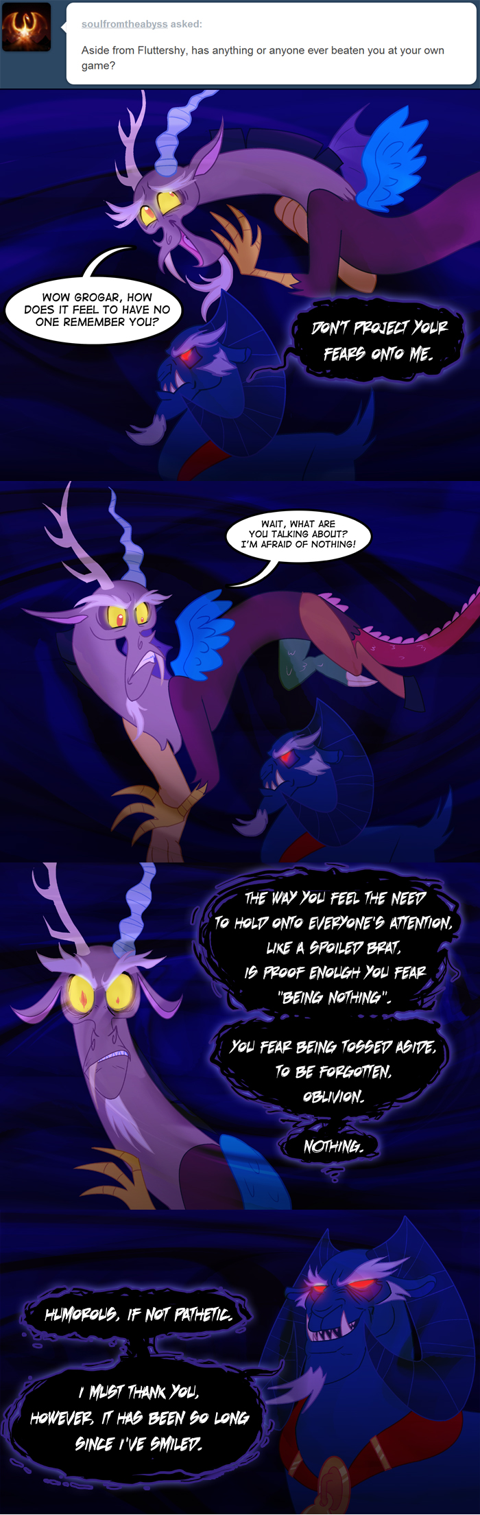 dialogue feathered_wings feathers feral glowing glowing_eyes horn male membrane_(anatomy) membranous_wings pre-g4 red_eyes tail text villains wings peachiekeenie friendship_is_magic hasbro mlp_g1 my_little_pony my_little_pony_'n_friends tumblr discord_(mlp) grogar_(mlp) bovid caprine chimera draconequus goat mammal comic english_text hi_res