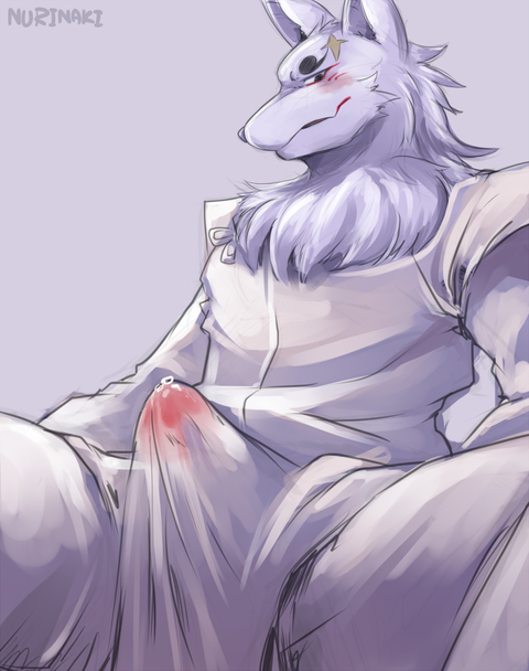 anthro bodily_fluids clothed clothing erection erection_under_clothing genital_fluids genitals looking_at_viewer male penis precum precum_through_clothing simple_background smile solo wet wet_clothing nurinaki gingitsune gintaro canid canine fox mammal