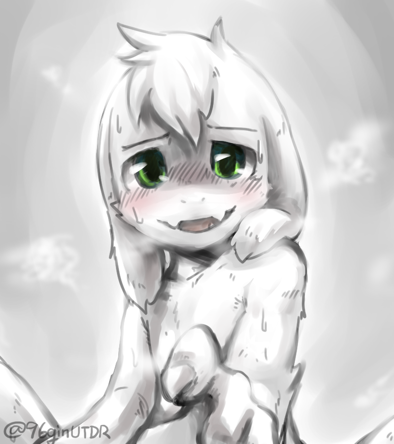 anthro blush bodily_fluids first_person_view floppy_ears fur gesture gradient_background green_eyes grey_background hair hand_gesture long_ears looking_at_viewer male nude pointing pointing_at_viewer reaching_towards_viewer simple_background solo sweat white_body white_fur young young_anthro young_male kurogin_(artist) undertale undertale_(series) asriel_dreemurr boss_monster_(undertale) bovid caprine mammal signature