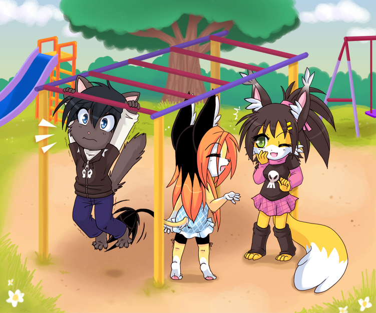 4_toes anthro barefoot bone chibi claws dangling feet female grasping group laugh male monkey_bars pawpads pink_pawpads playground skull spread_toes tail tiptoes toes luna777 ania_(character) bronek bronek_(character) taratsu_(character) moondog