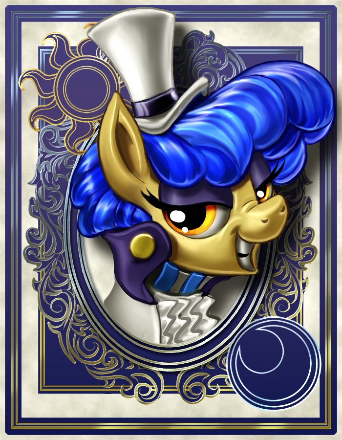 blue_hair border clothing eyeshadow female hair half-closed_eyes hat headgear headwear looking_at_viewer makeup moon narrowed_eyes ornate_border portrait_(object) smile solo sun top_hat yellow_eyes harwick friendship_is_magic hasbro my_little_pony sapphire_shores_(mlp) earth_pony equid equine horse mammal pony 2013 bust_portrait portrait